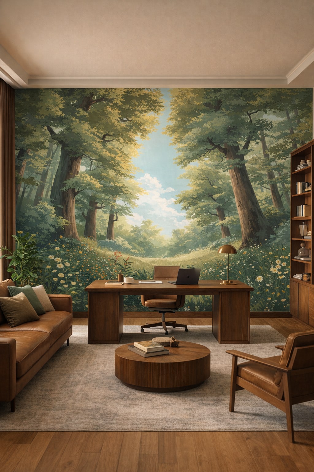 Modern green trees featuring wildflowers - Wall Mural Peel and Stick Wallpaper for Brazilian Modernism Executive Home Office.