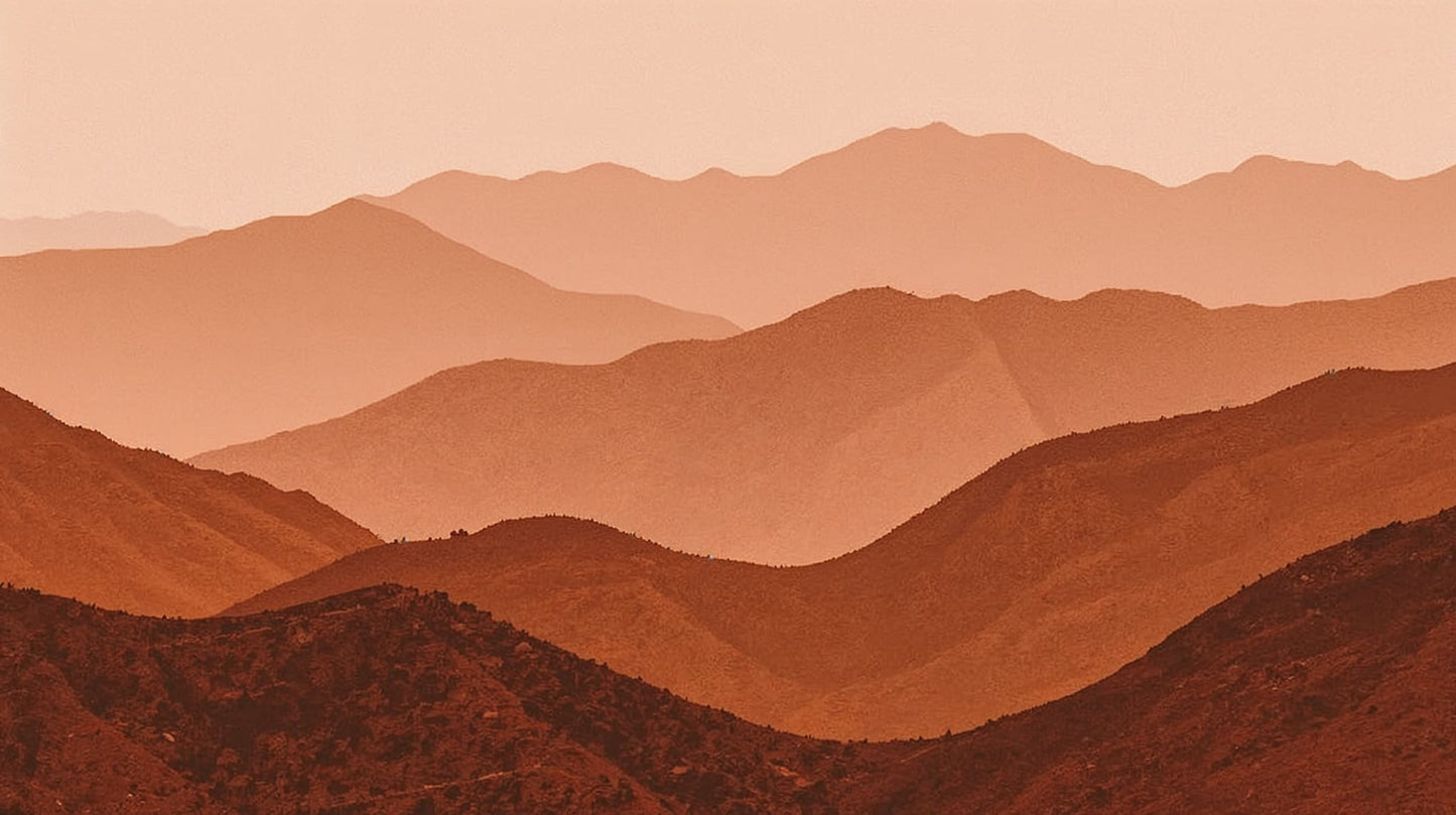 Minimal serene Terracotta layered mountain landscape featuring hazy atmosphere - Wall Mural & Peel and Stick Wallpaper for Minimalist Interiors and Premium Home Styling.
