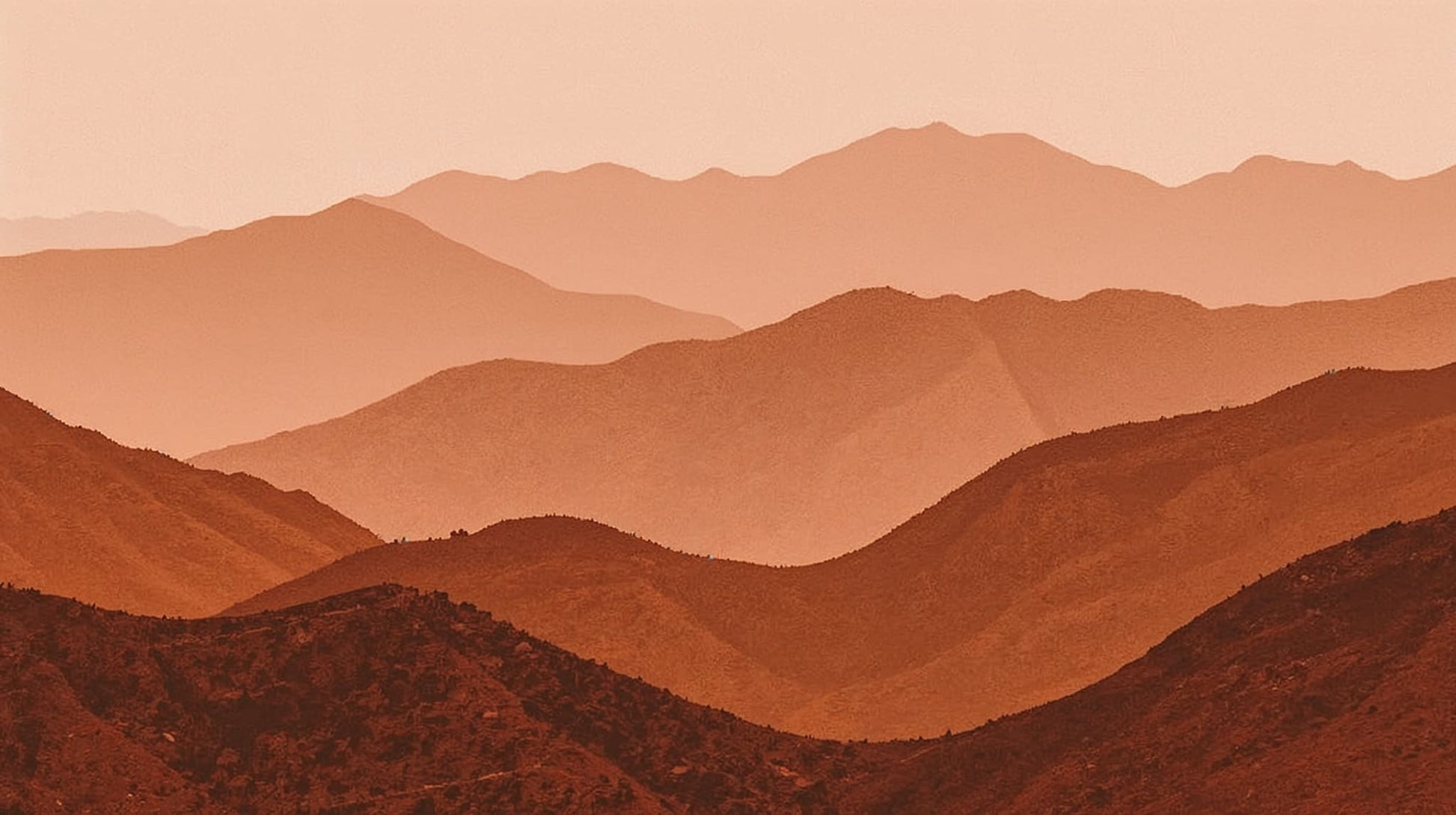 Minimal serene Terracotta layered mountain landscape featuring hazy atmosphere - Wall Mural & Peel and Stick Wallpaper for Minimalist Interiors and Premium Home Styling.