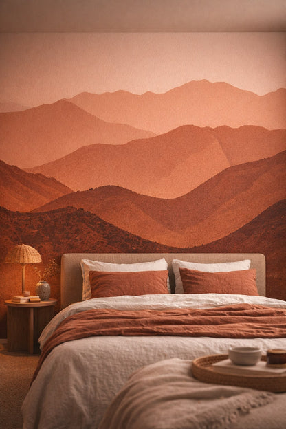 Wabi-sabi earthy-tone layered mountain landscape featuring hazy atmosphere - Wall Mural Peel and Stick Wallpaper for Wabi-sabi Master Bedroom.
