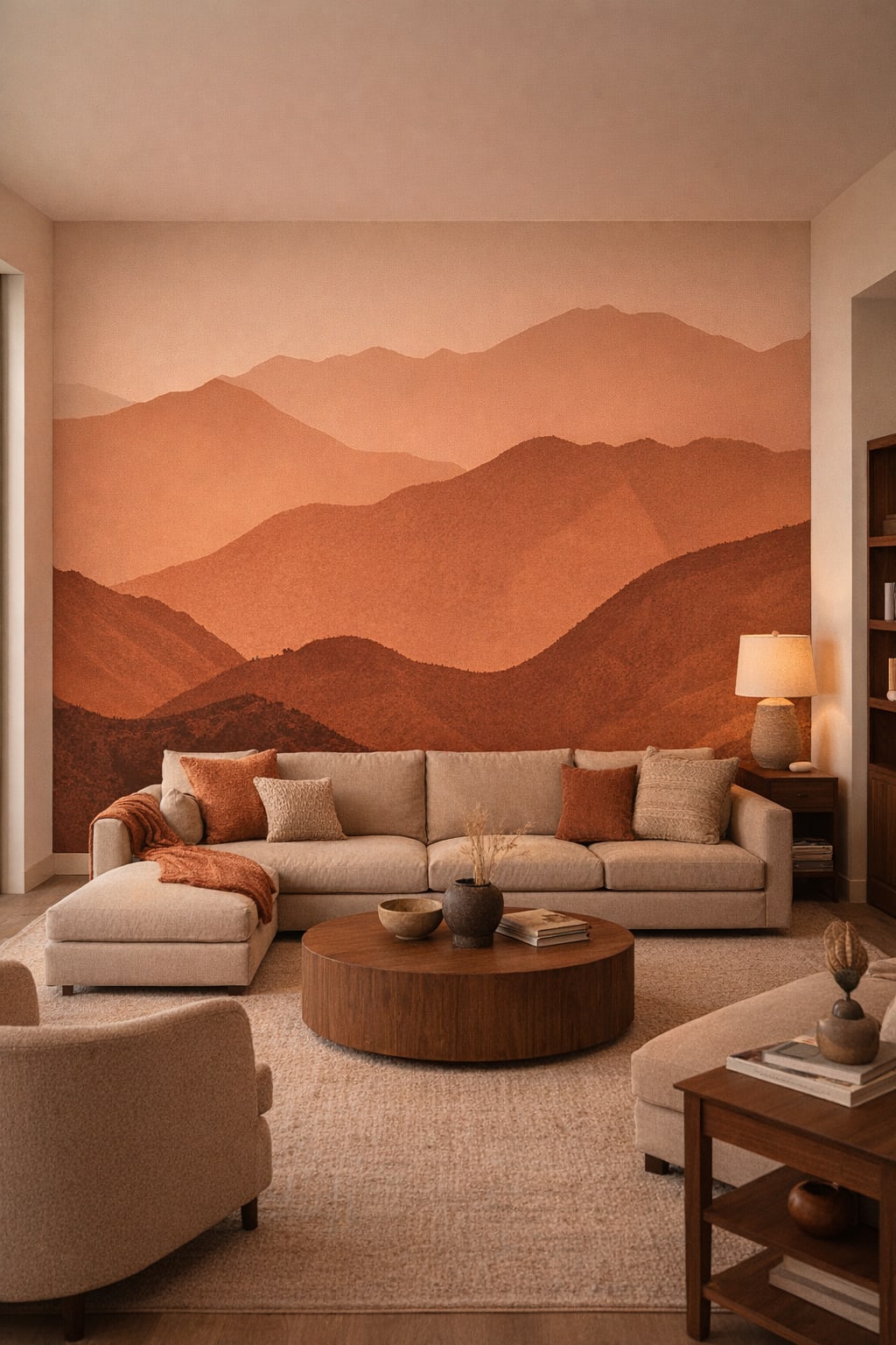 Cream sand minimal layered mountain landscape featuring hazy atmosphere - Wall Mural Peel and Stick Wallpaper for Organic Modern Living Room.