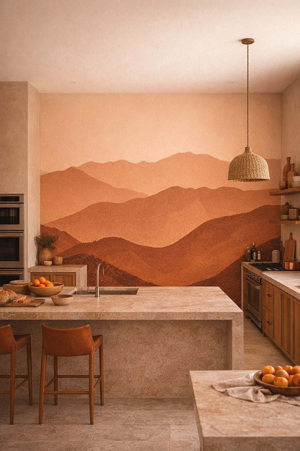 Mediterranean Modern sand-toned layered mountain landscape featuring hazy atmosphere - Wall Mural Peel and Stick Wallpaper for Mediterranean Modern High-end Kitchen.