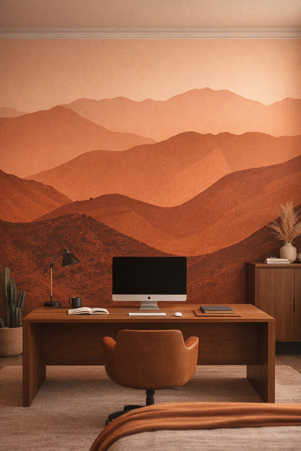 Desert Modern sand-toned layered mountain landscape featuring hazy atmosphere - Wall Mural Peel and Stick Wallpaper for Desert Modern Executive Home Office.