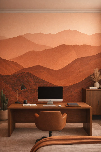 Desert Modern sand-toned layered mountain landscape featuring hazy atmosphere - Wall Mural Peel and Stick Wallpaper for Desert Modern Executive Home Office.