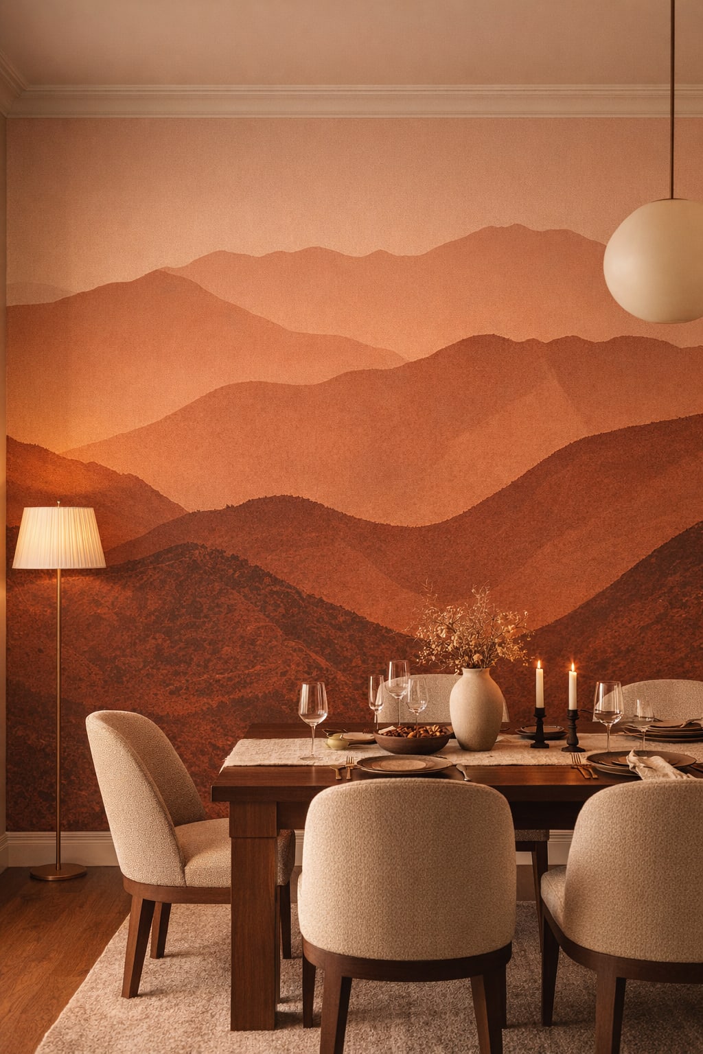 Quiet Luxury greige layered mountain landscape featuring hazy atmosphere - Wall Mural Peel and Stick Wallpaper for Quiet Luxury Formal Dining Room.