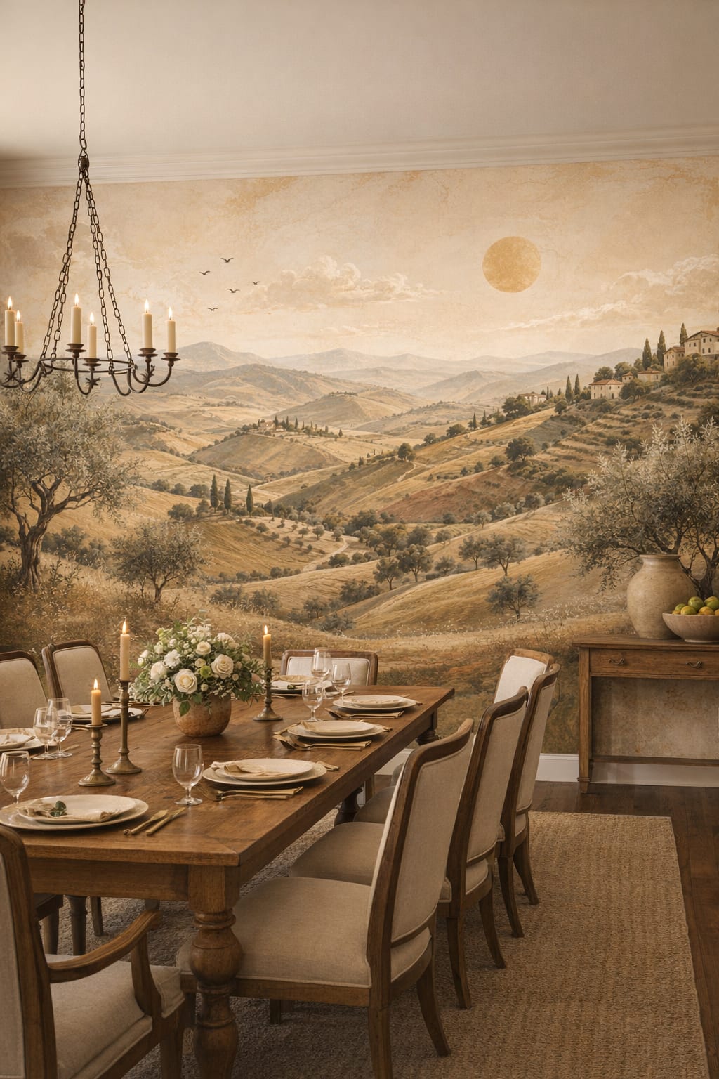 Tuscan terracotta olive-toned Tuscan landscape featuring olive trees - Wall Mural Peel and Stick Wallpaper for Tuscan Formal Dining Room.