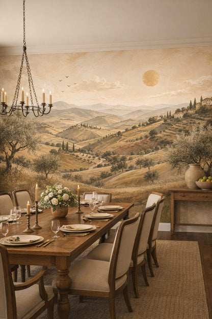 Tuscan terracotta olive-toned Tuscan landscape featuring olive trees - Wall Mural Peel and Stick Wallpaper for Tuscan Formal Dining Room.