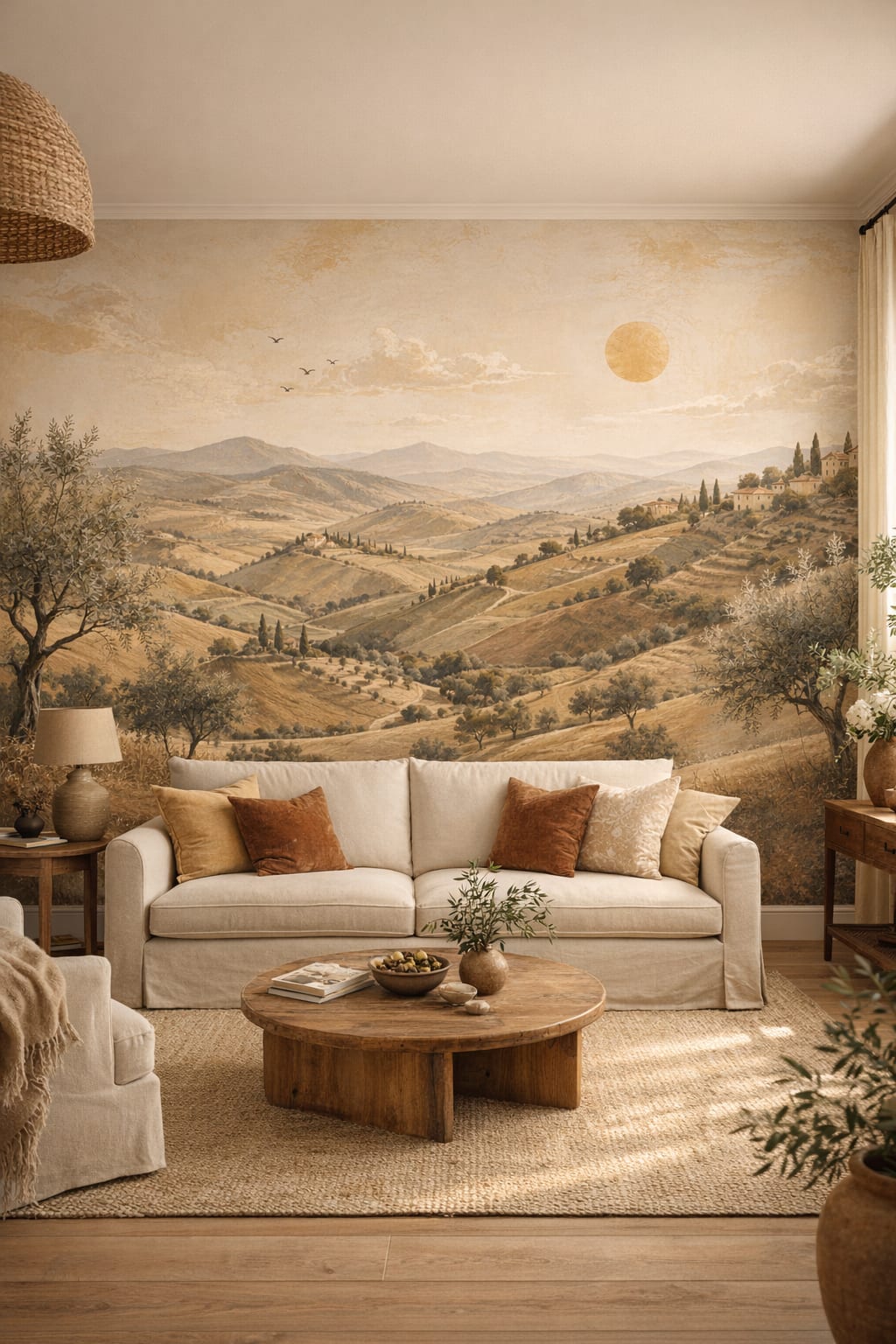 Mediterranean white Tuscan landscape featuring olive trees - Wall Mural Peel and Stick Wallpaper for Mediterranean Living Room.