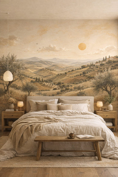 Muted earth Wabi-sabi Tuscan landscape featuring olive trees - Wall Mural Peel and Stick Wallpaper for Wabi-sabi Master Bedroom.