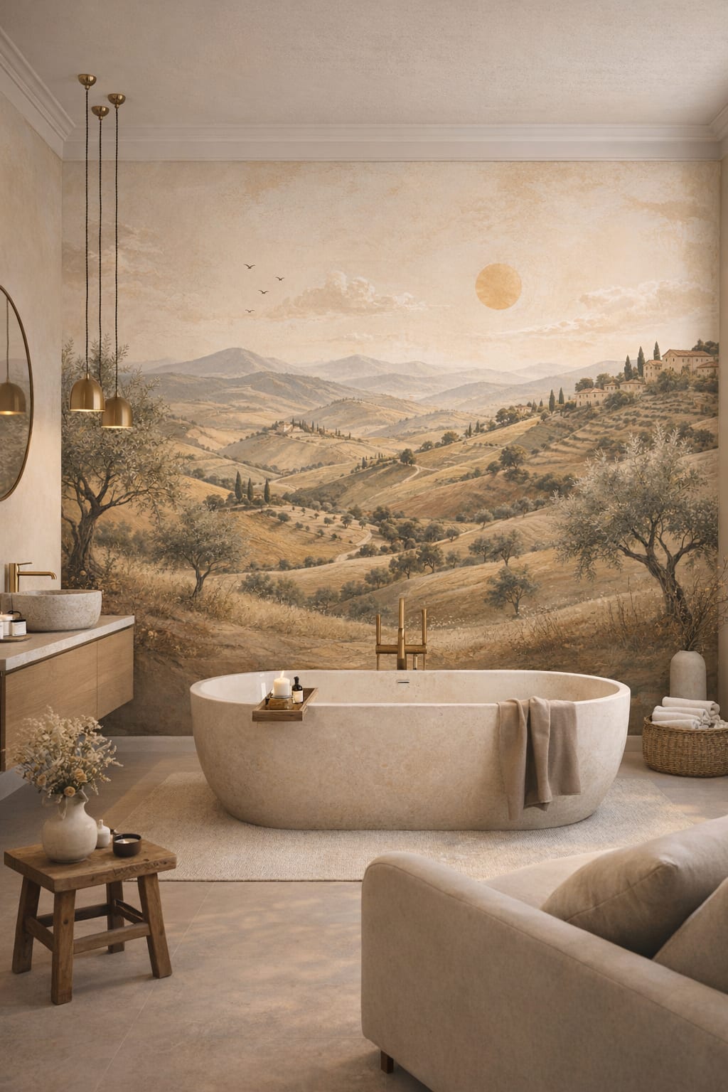 Organic Modern cream Tuscan landscape featuring olive trees - Wall Mural Peel and Stick Wallpaper for Organic Modern Luxury Bathroom.