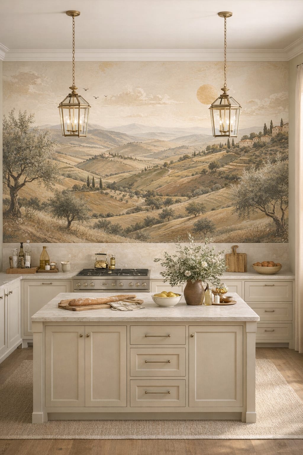 French Country beige Tuscan landscape featuring olive trees - Wall Mural Peel and Stick Wallpaper for French Country High-end Kitchen.