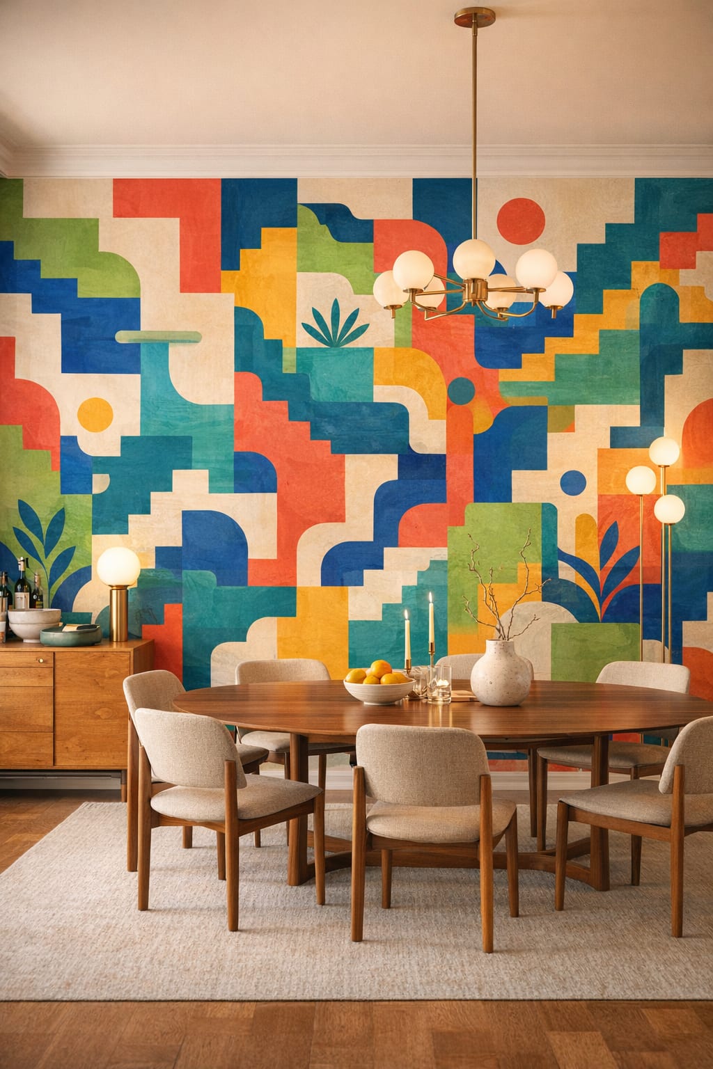 Bauhaus primary-color geometric blocks featuring arch shapes - Wall Mural Peel and Stick Wallpaper for Bauhaus Formal Dining Room.