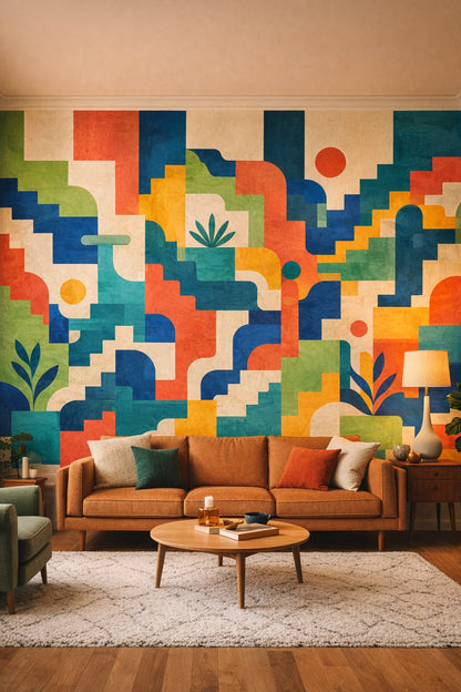 Mid-century Modern mustard geometric blocks featuring arch shapes - Wall Mural Peel and Stick Wallpaper for Mid-century Modern Living Room.