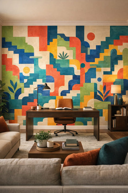Contemporary neutral geometric blocks featuring arch shapes - Wall Mural Peel and Stick Wallpaper for Contemporary Executive Home Office.
