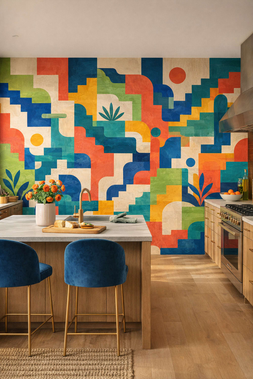 Bold high-contrast geometric blocks featuring arch shapes - Wall Mural Peel and Stick Wallpaper for Color Blocking High-end Kitchen.