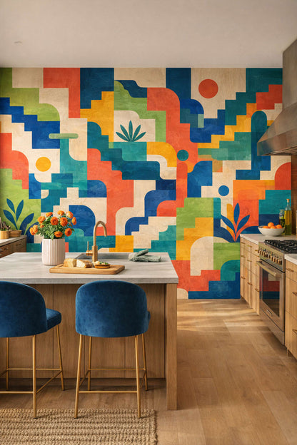 Bold high-contrast geometric blocks featuring arch shapes - Wall Mural Peel and Stick Wallpaper for Color Blocking High-end Kitchen.