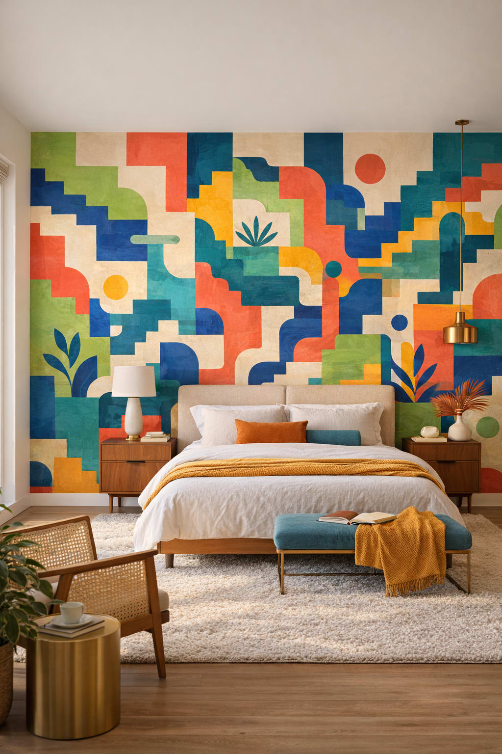 Pink aqua geometric blocks featuring arch shapes - Wall Mural Peel and Stick Wallpaper for Palm Springs (Mid-century) Guest Bedroom.