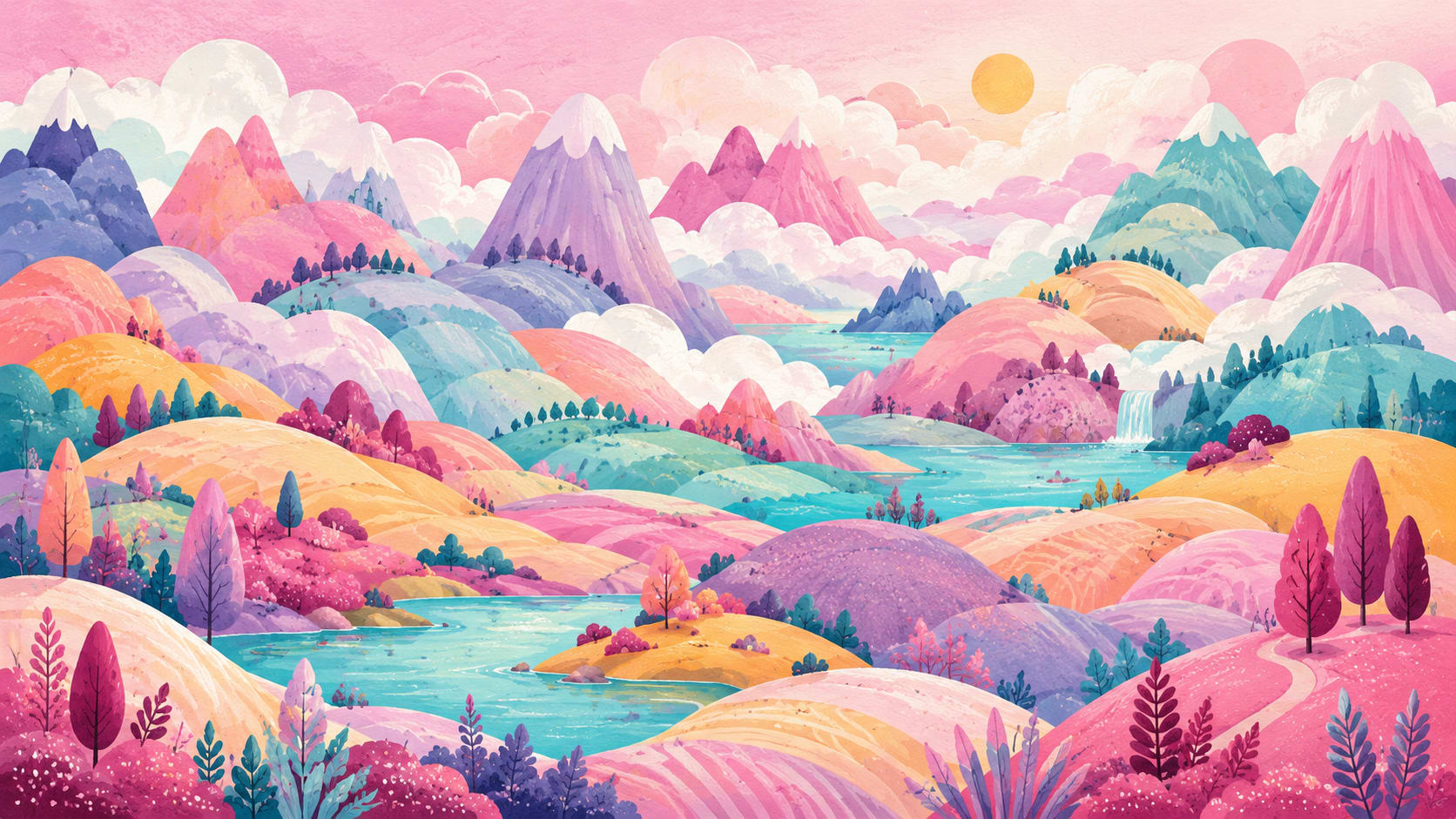 Whimsical Storybook Pink Fantasy Mountains featuring river landscape and waterfall - Wall Mural & Peel and Stick Wallpaper for Whimsical Nursery or Kids Room
