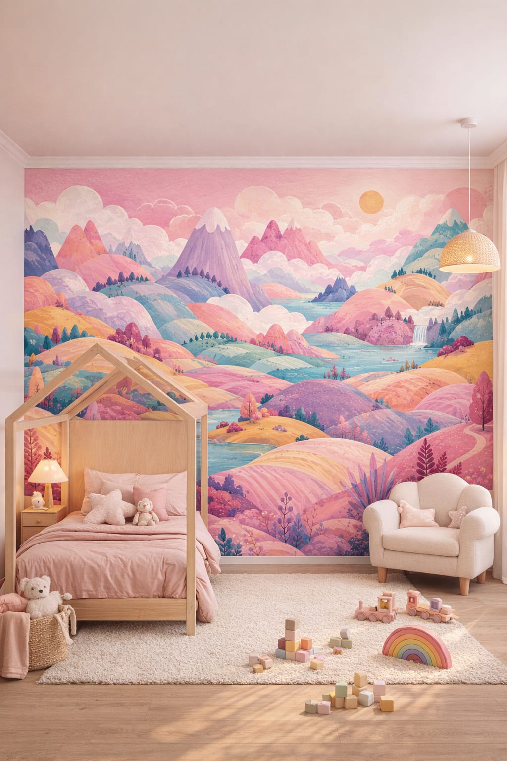 Scandi Kids birch fantasy mountains featuring waterfall - Wall Mural Peel and Stick Wallpaper for Scandi Kids Kids Bedroom.