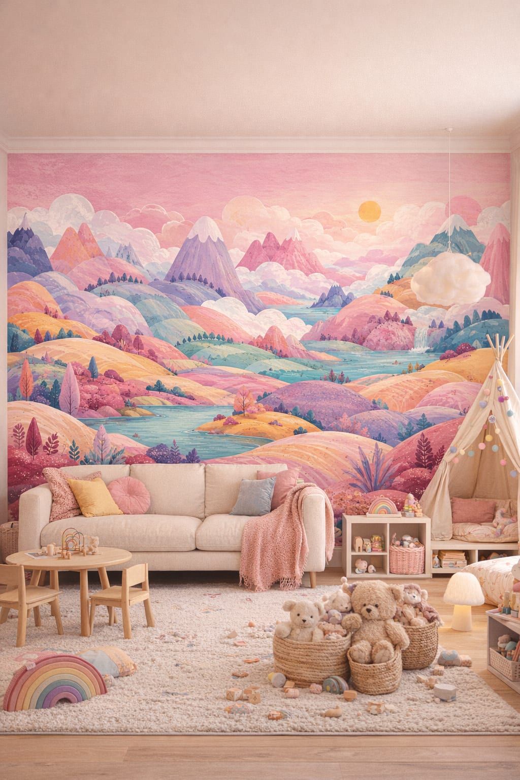 Whimsical Boho cream fantasy mountains featuring river landscape - Wall Mural Peel and Stick Wallpaper for Whimsical Boho Playroom.