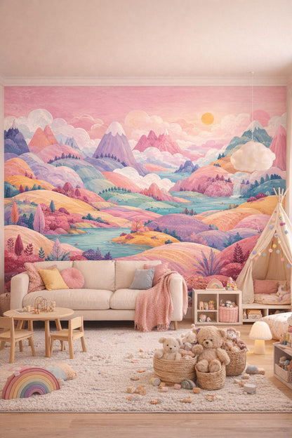 Whimsical Boho cream fantasy mountains featuring river landscape - Wall Mural Peel and Stick Wallpaper for Whimsical Boho Playroom.