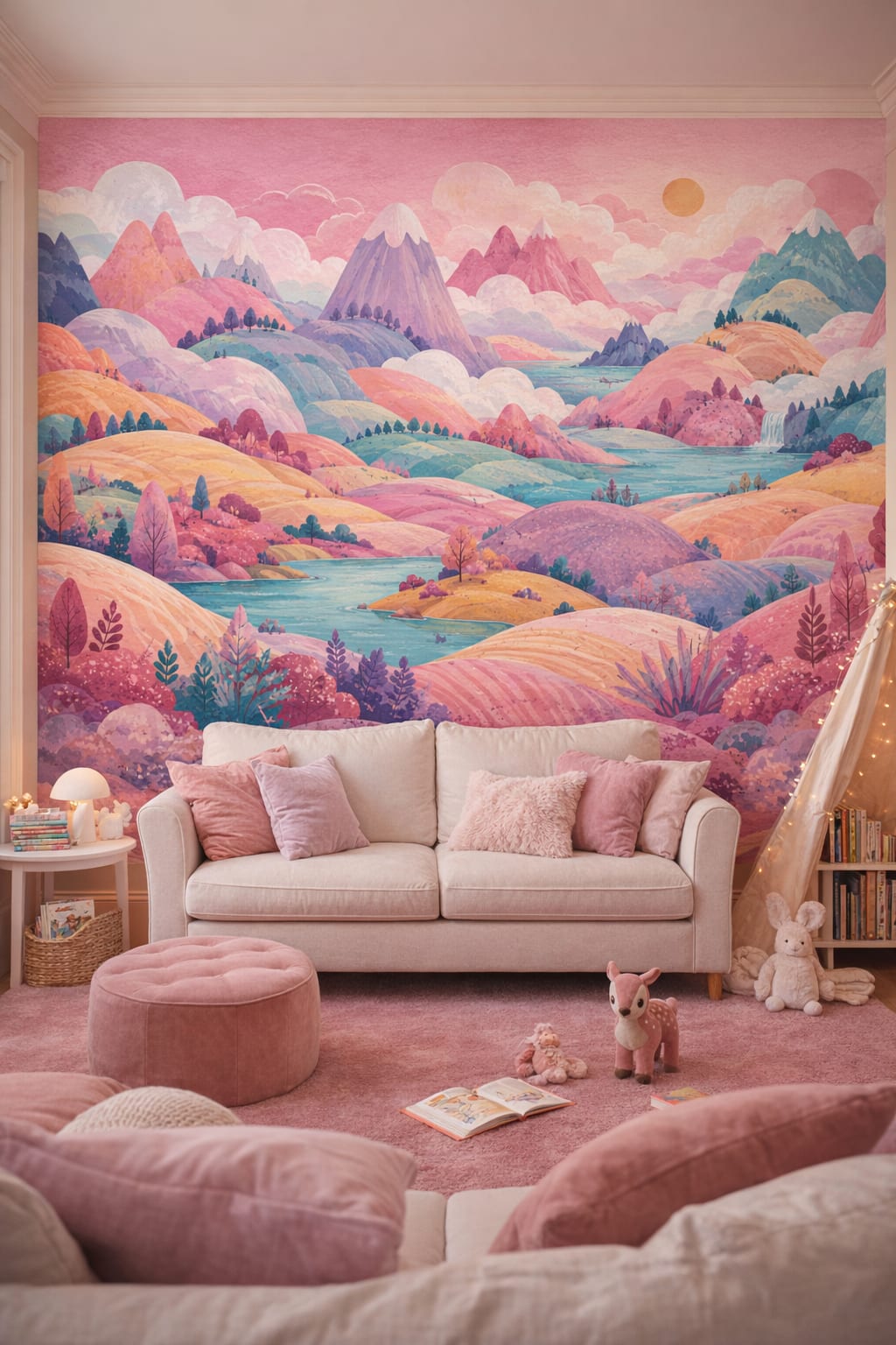 Classic Storybook dusty rose fantasy mountains featuring river landscape - Wall Mural Peel and Stick Wallpaper for Classic Storybook Reading Corner.