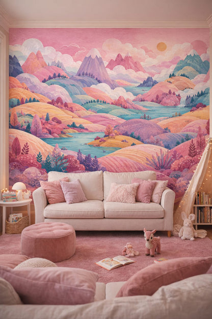 Classic Storybook dusty rose fantasy mountains featuring river landscape - Wall Mural Peel and Stick Wallpaper for Classic Storybook Reading Corner.