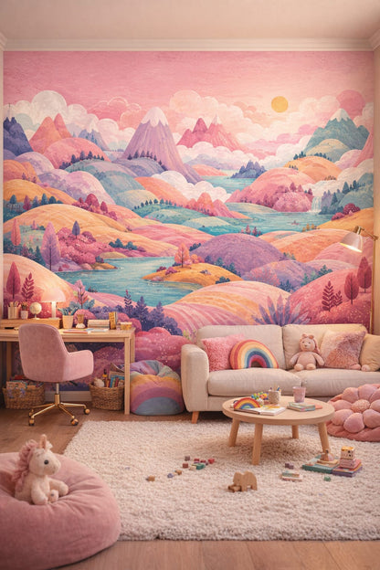 Rainbow Earthy mustard fantasy mountains featuring waterfall - Wall Mural Peel and Stick Wallpaper for Rainbow Earthy Homework / Study Corner.