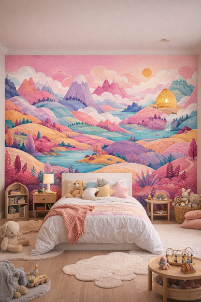Pastel contemporary fantasy mountains featuring river landscape - Wall Mural Peel and Stick Wallpaper for Gender-Neutral Contemporary Kids Bedroom.