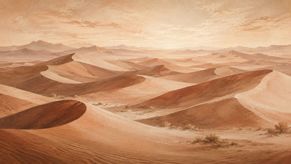 Sun-washed atmospheric Terracotta sand dunes featuring mountain range - Wall Mural & Peel and Stick Wallpaper for Painterly Interiors and Premium Home Styling