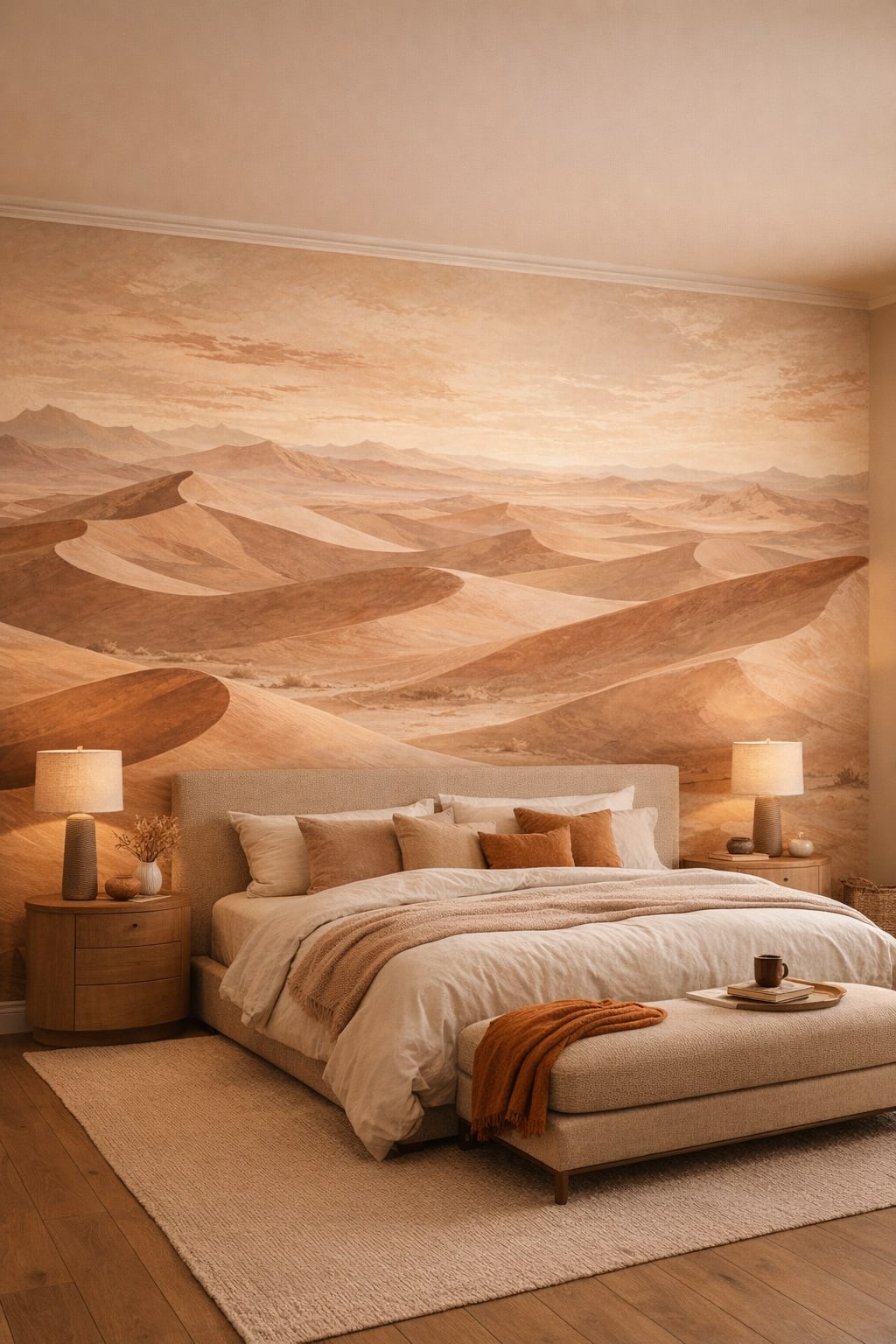 Desert Modern sand-toned sand dunes featuring mountain range - Wall Mural Peel and Stick Wallpaper for Desert Modern Master Bedroom.