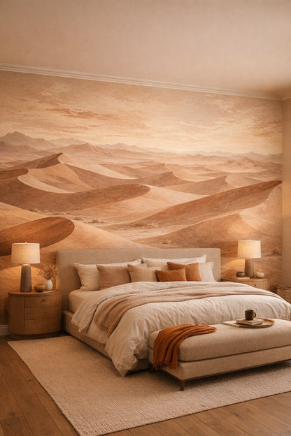 Desert Modern sand-toned sand dunes featuring mountain range - Wall Mural Peel and Stick Wallpaper for Desert Modern Master Bedroom.