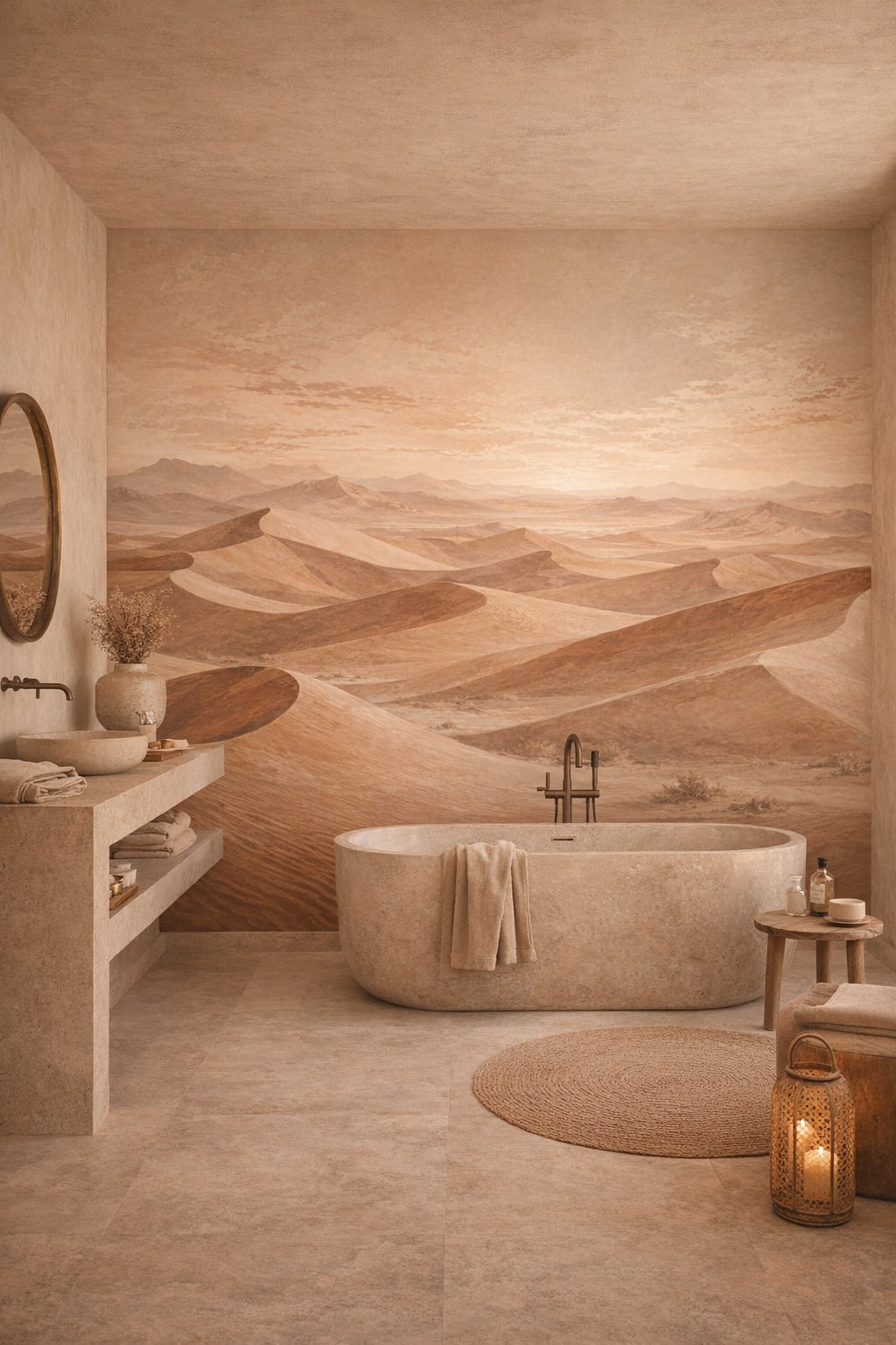 Wabi-sabi earth-toned sand dunes featuring mountain range - Wall Mural Peel and Stick Wallpaper for Wabi-sabi Luxury Bathroom.