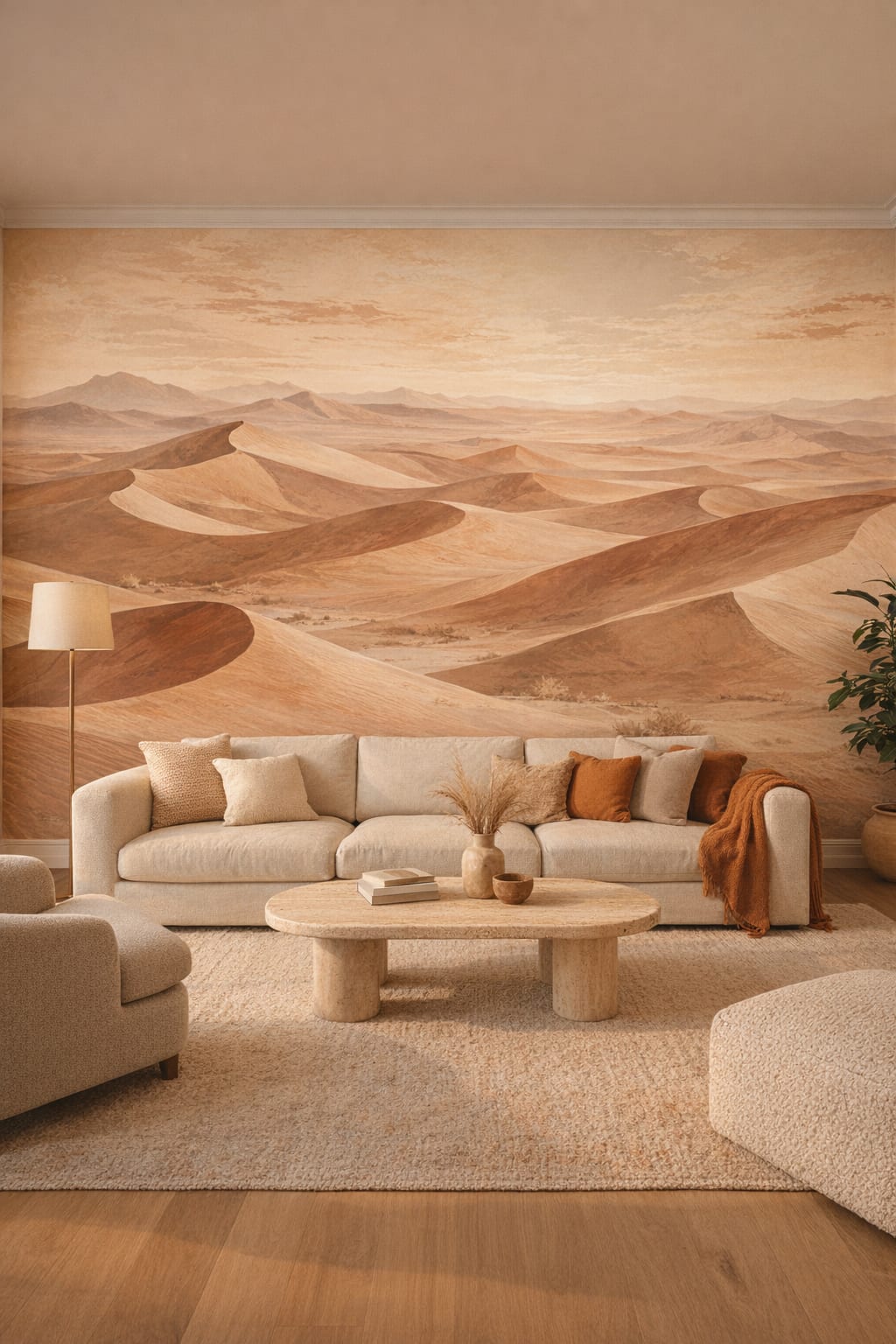 Organic Modern cream sand dunes featuring mountain range - Wall Mural Peel and Stick Wallpaper for Organic Modern Living Room.