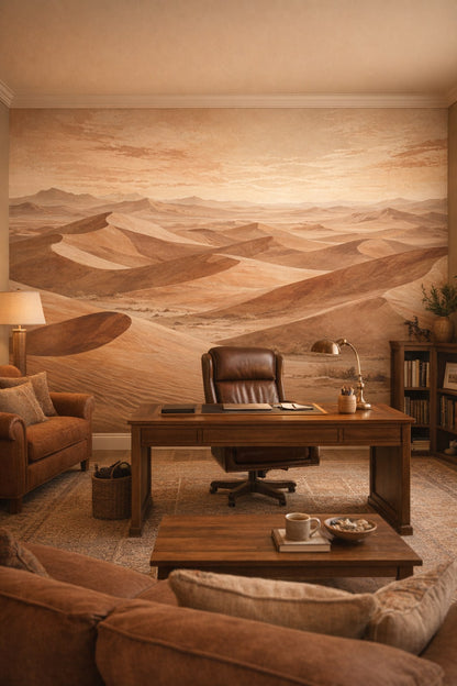 Southwestern terracotta sand dunes featuring mountain range - Wall Mural Peel and Stick Wallpaper for Southwestern Executive Home Office.
