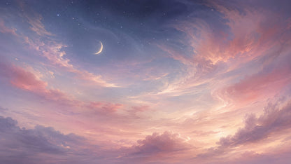 Dreamy Painterly Lavender Celestial Sky featuring crescent moon and stars - Wall Mural & Peel and Stick Wallpaper for Interiors and Premium Home Styling