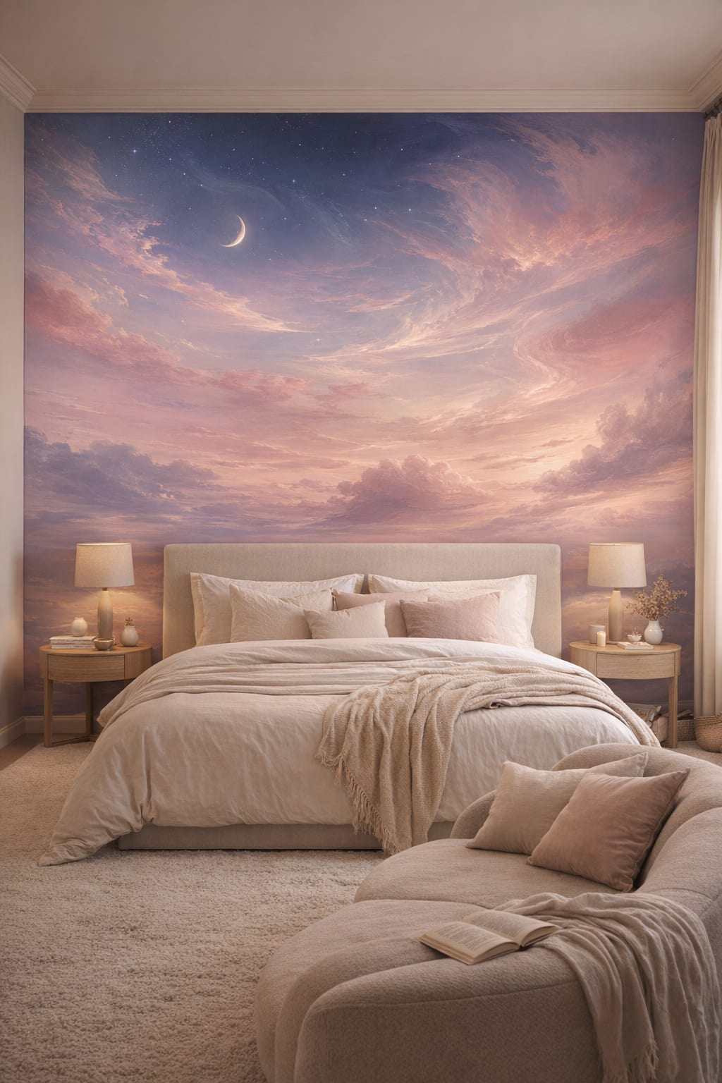 Zen soft-neutral celestial sky featuring crescent moon - Wall Mural Peel and Stick Wallpaper for Zen Master Bedroom.