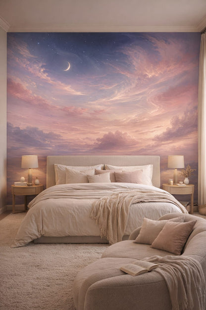 Zen soft-neutral celestial sky featuring crescent moon - Wall Mural Peel and Stick Wallpaper for Zen Master Bedroom.