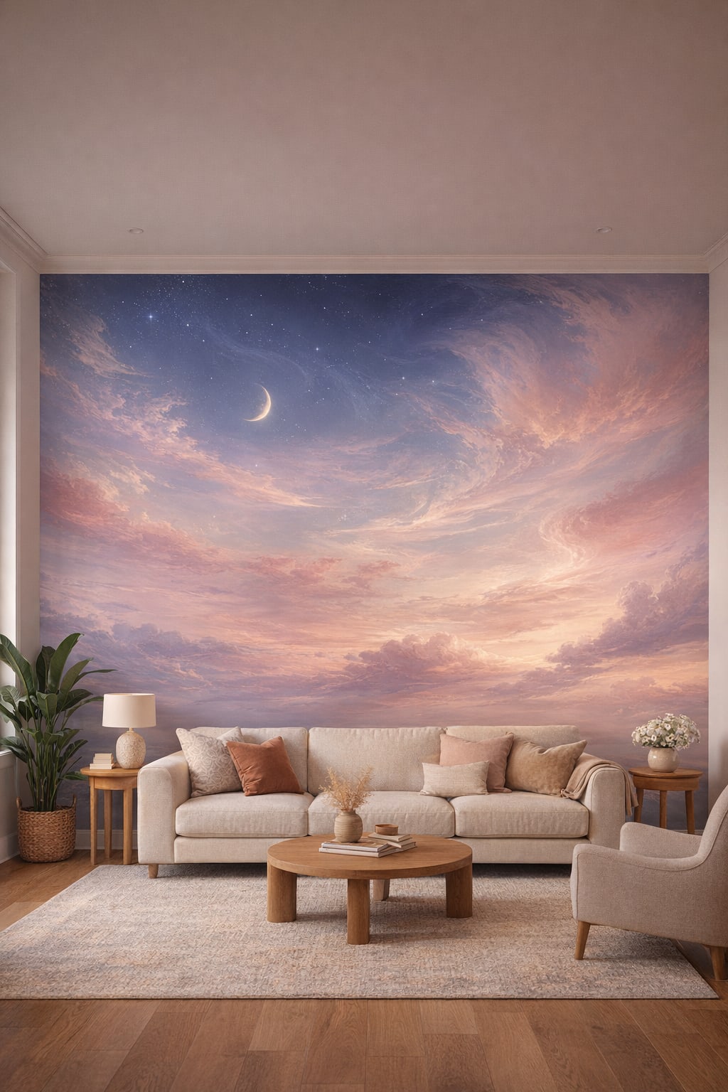 Cream Organic Modern celestial sky featuring crescent moon - Wall Mural Peel and Stick Wallpaper for Organic Modern Living Room.