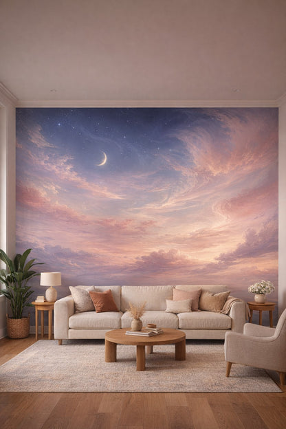 Cream Organic Modern celestial sky featuring crescent moon - Wall Mural Peel and Stick Wallpaper for Organic Modern Living Room.