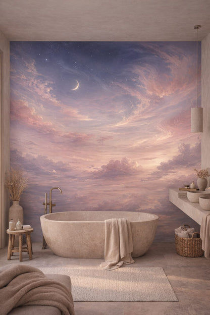 Wabi-sabi muted earth celestial sky featuring crescent moon - Wall Mural Peel and Stick Wallpaper for Wabi-sabi Luxury Bathroom.