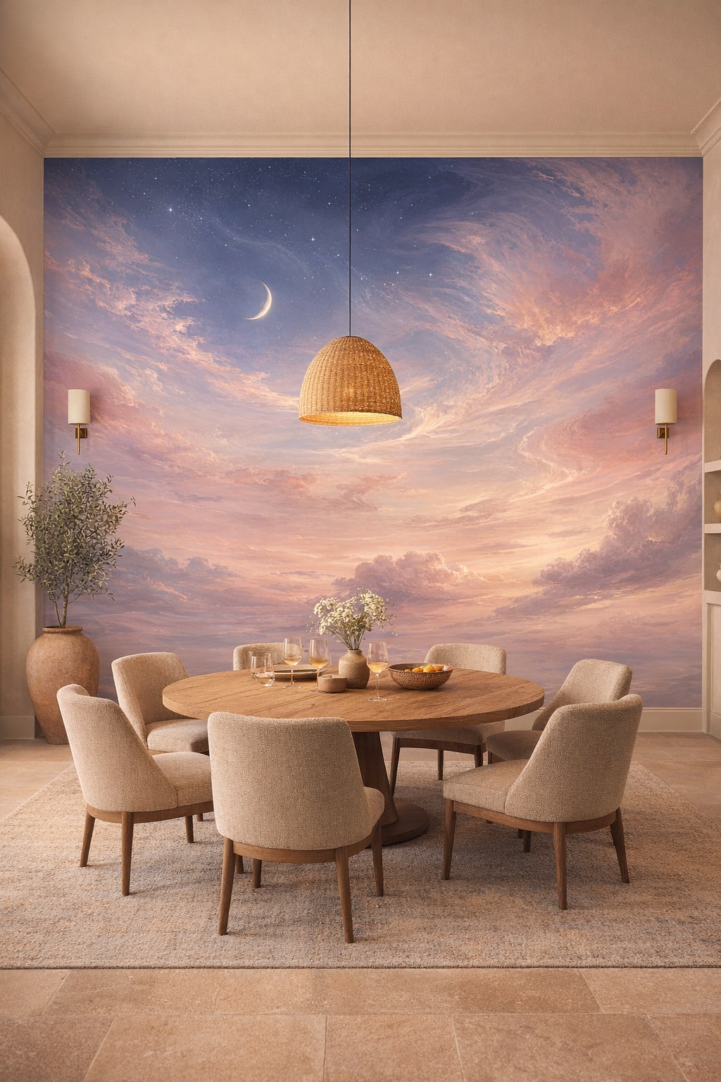 Mediterranean blue celestial sky featuring crescent moon - Wall Mural Peel and Stick Wallpaper for Mediterranean Modern Formal Dining Room.