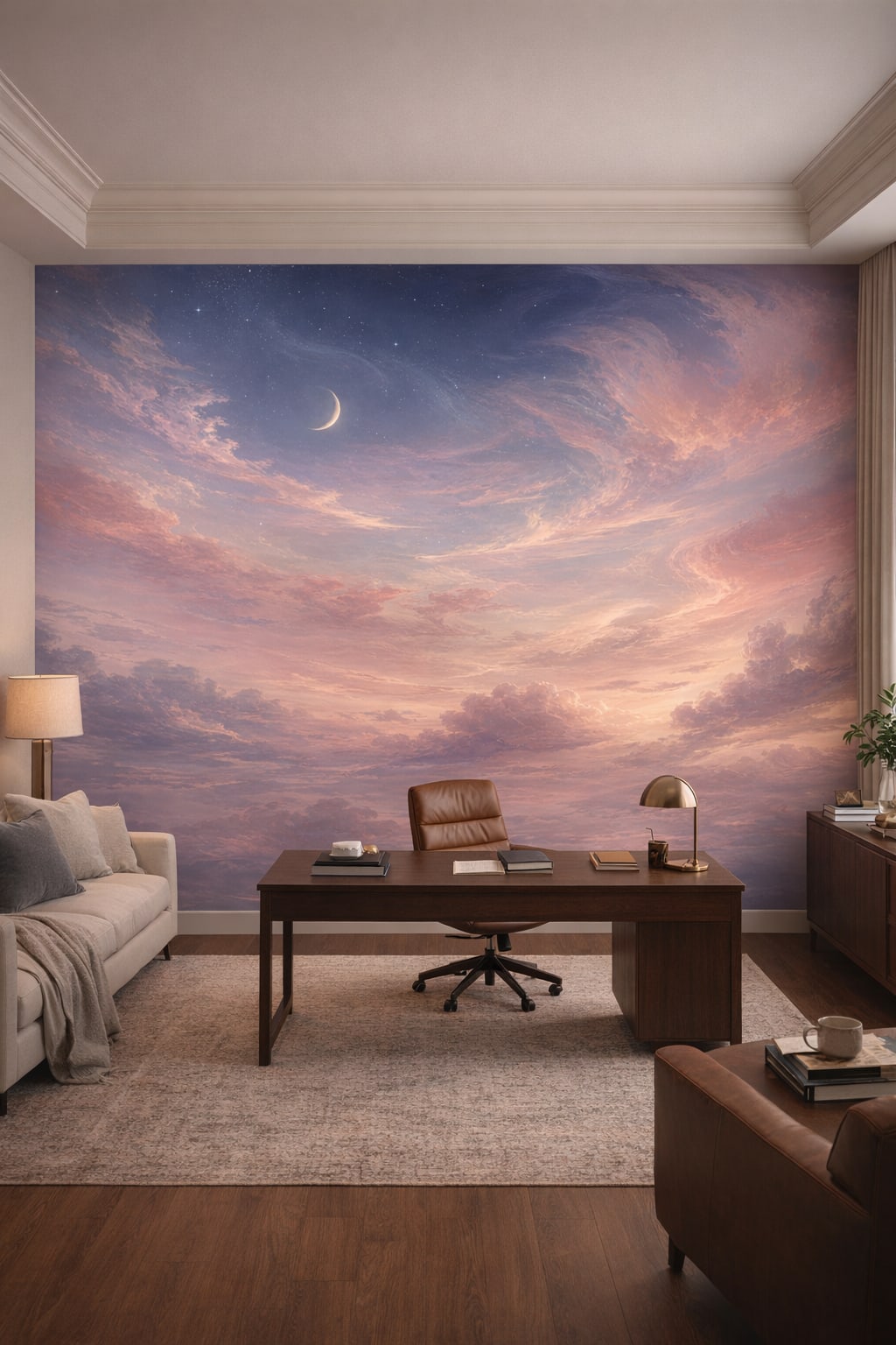 Greige, soft charcoal celestial sky featuring crescent moon - Wall Mural Peel and Stick Wallpaper for Quiet Luxury Executive Home Office.