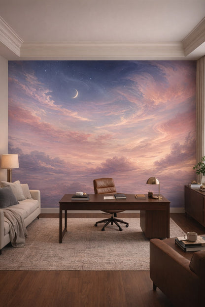Greige, soft charcoal celestial sky featuring crescent moon - Wall Mural Peel and Stick Wallpaper for Quiet Luxury Executive Home Office.