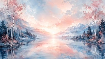 Serene painterly Blue mountain lake featuring birch trees and pine forest - Wall Mural & Peel and Stick Wallpaper for Painterly Interiors and Premium Home Styling