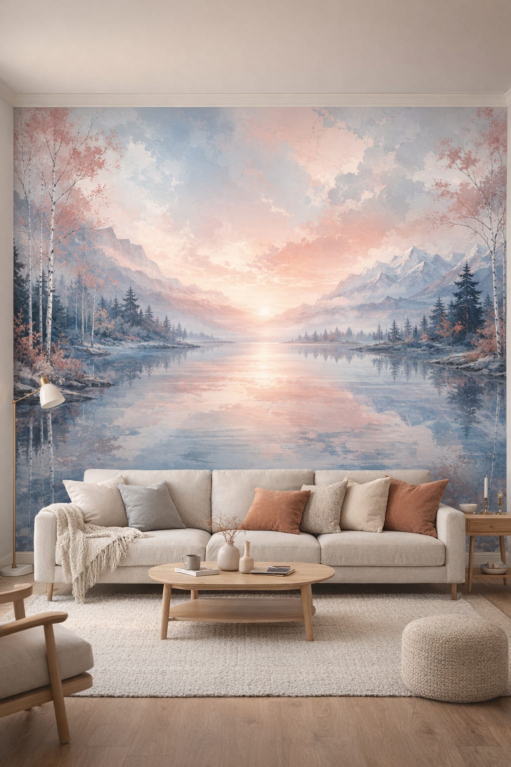 Scandinavian white-gray mountain lake featuring birch trees - Wall Mural Peel and Stick Wallpaper for Scandinavian Living Room.