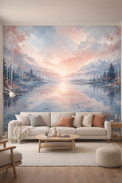 Scandinavian white-gray mountain lake featuring birch trees - Wall Mural Peel and Stick Wallpaper for Scandinavian Living Room.
