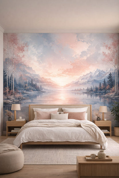 Japandi sand mountain lake featuring birch trees - Wall Mural Peel and Stick Wallpaper for Japandi Master Bedroom.