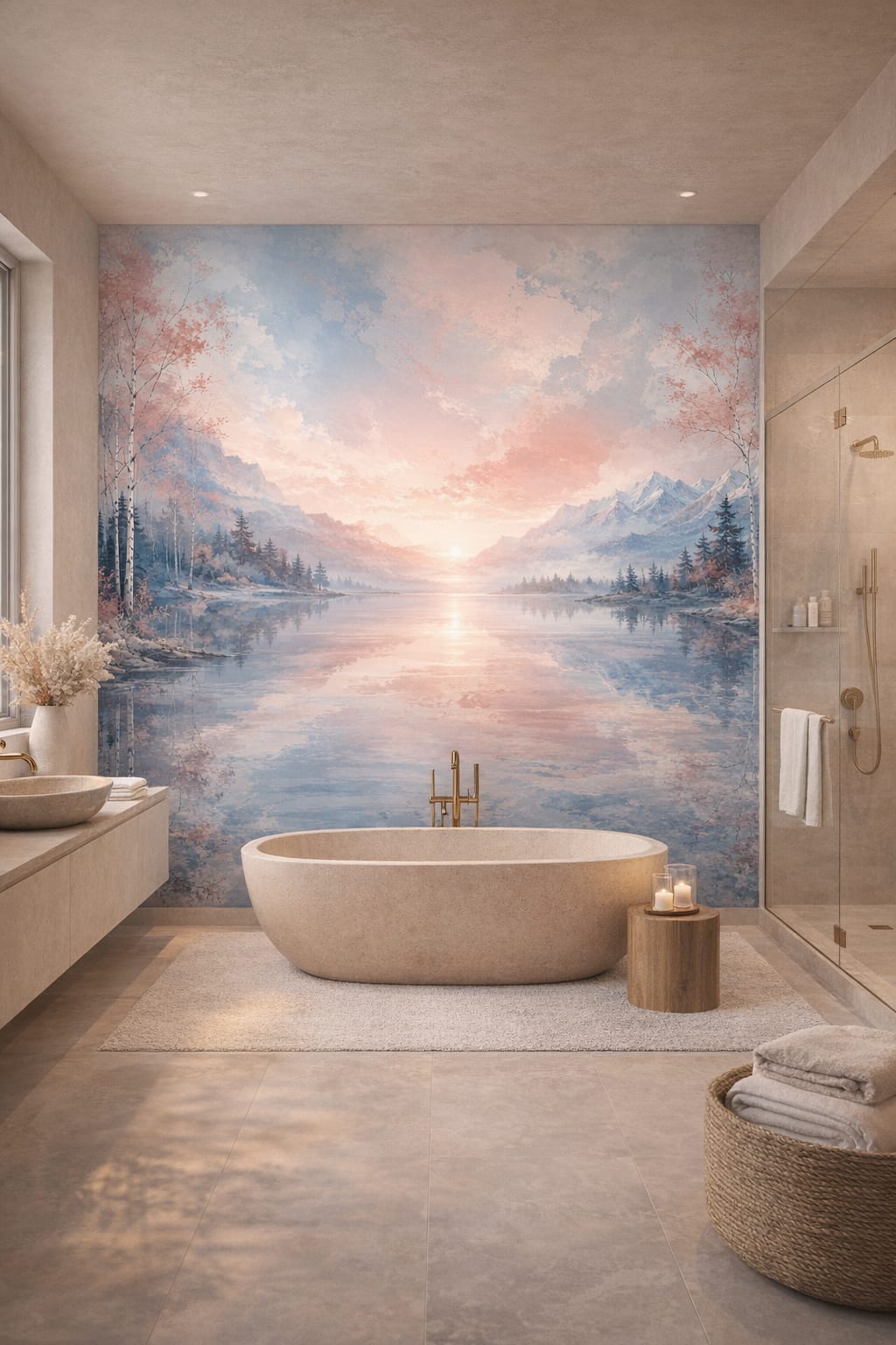 Cream sand mountain lake featuring birch trees - Wall Mural Peel and Stick Wallpaper for Organic Modern Luxury Bathroom.