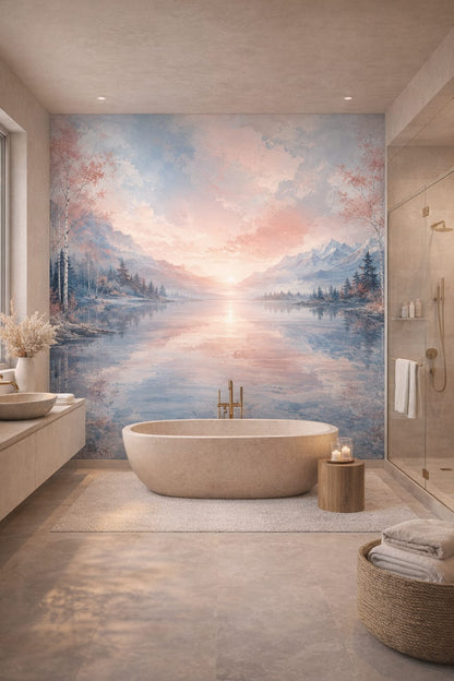 Cream sand mountain lake featuring birch trees - Wall Mural Peel and Stick Wallpaper for Organic Modern Luxury Bathroom.